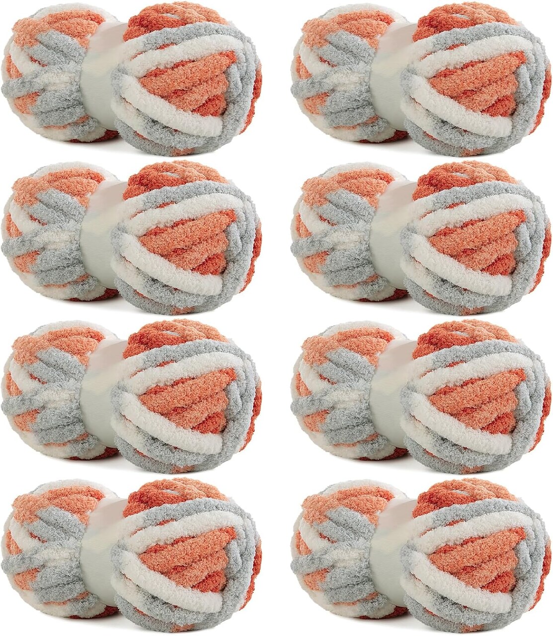 8 Pack Giant Chunky Yarn for Crocheting & Knitting (Orange, Light Grey, White)